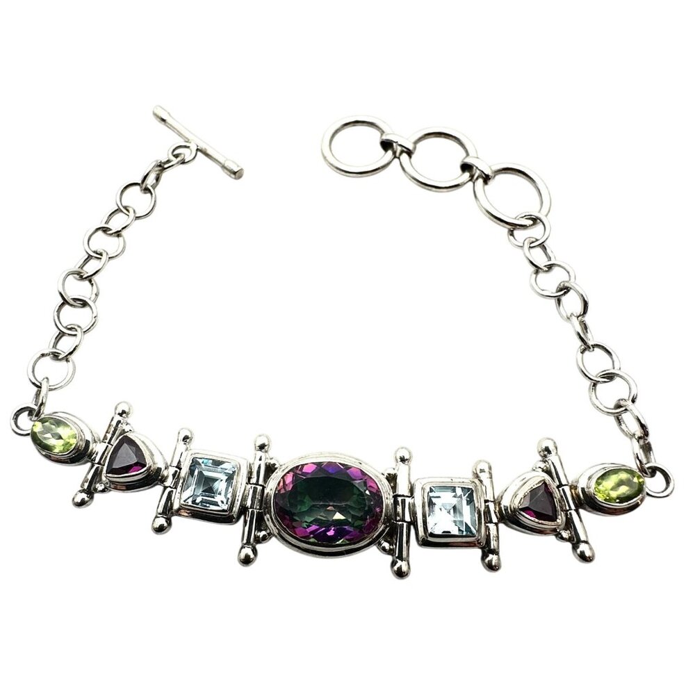Color Changing Multi-Gemstone Sterling Silver Bracelet 8.5 Inch 25 Grams